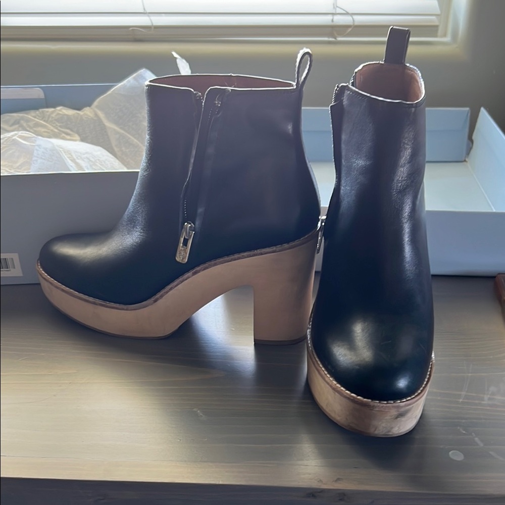 Black Leather Ankle Boots with Tan Heel